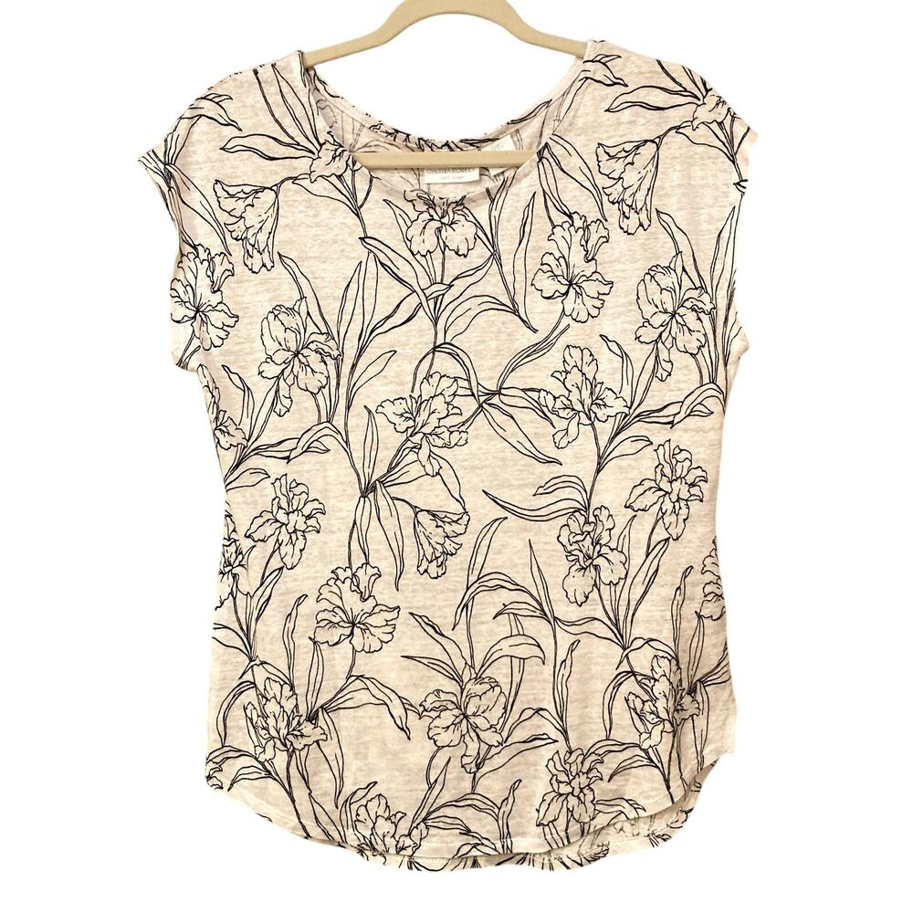 Cynthia Rowley Black & White Floral Print 100% Linen Summer Top Size Medium EUC - Picture 1 of 6